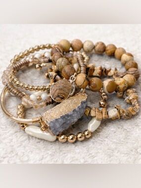 Boho Druzy Bracelet Stack Natural Stone Gold Beaded Layered Set